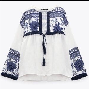 Zara White and Blue Embroidered Boho Top